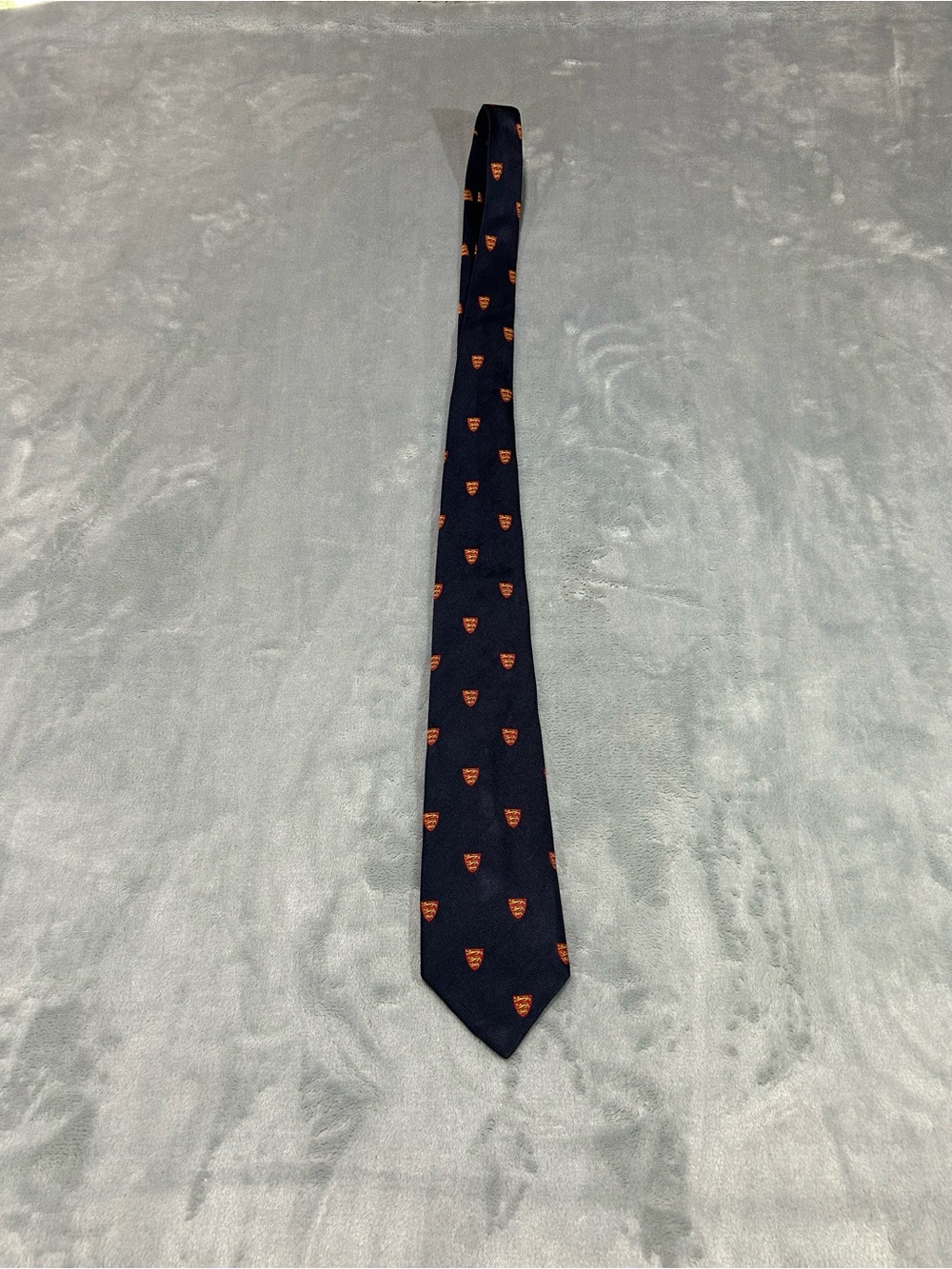 Ben Silver Navy/Red/Yellow Crest Woven Silk Tie w/ Logo Accent Made England